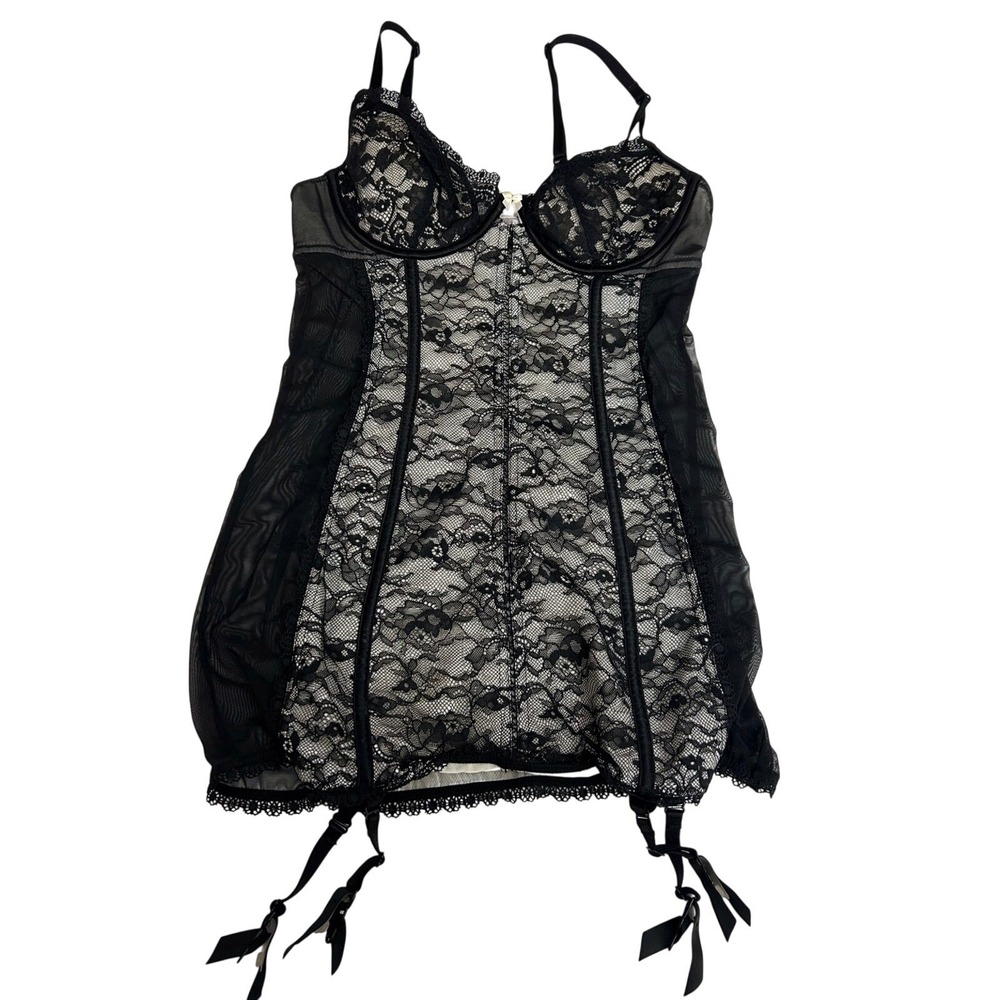 Victoria Secret Black Lace Mesh Bustier Size 36B Corset Lingerie Garter Teddy